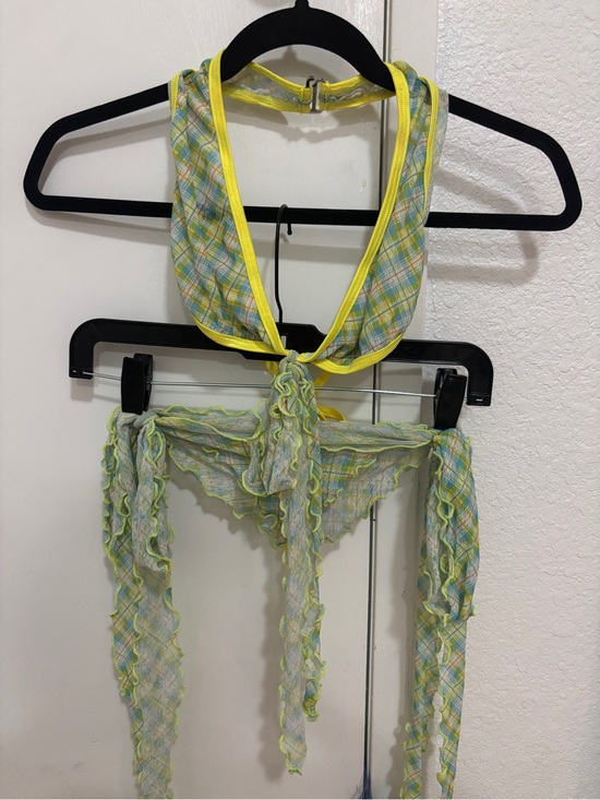 Other - Y2K Plaid Mesh Festival Set Halter Top & bikini bottom yellow green small medium